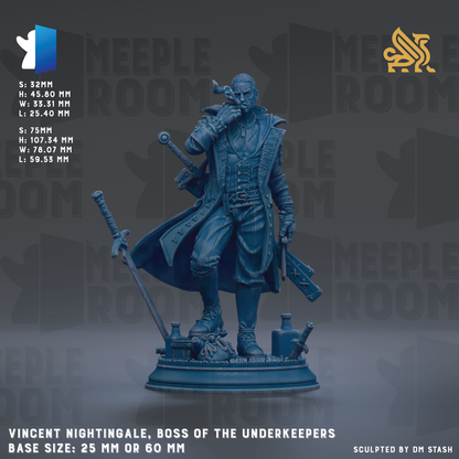 The image is a figurine of a character named Vincent Nightingale, who is described as the " Boss of the Underkeepers". The figurine is shown in a dynamic pose, holding a sword and a shield, and is set against a dark background. The base size of the figurine is either 25mm or 60mm.
