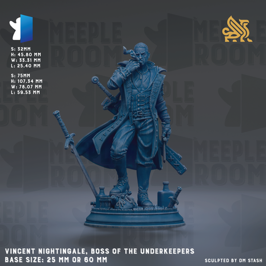 The image is a figurine of a character named Vincent Nightingale, who is described as the " Boss of the Underkeepers". The figurine is shown in a dynamic pose, holding a sword and a shield, and is set against a dark background. The base size of the figurine is either 25mm or 60mm.