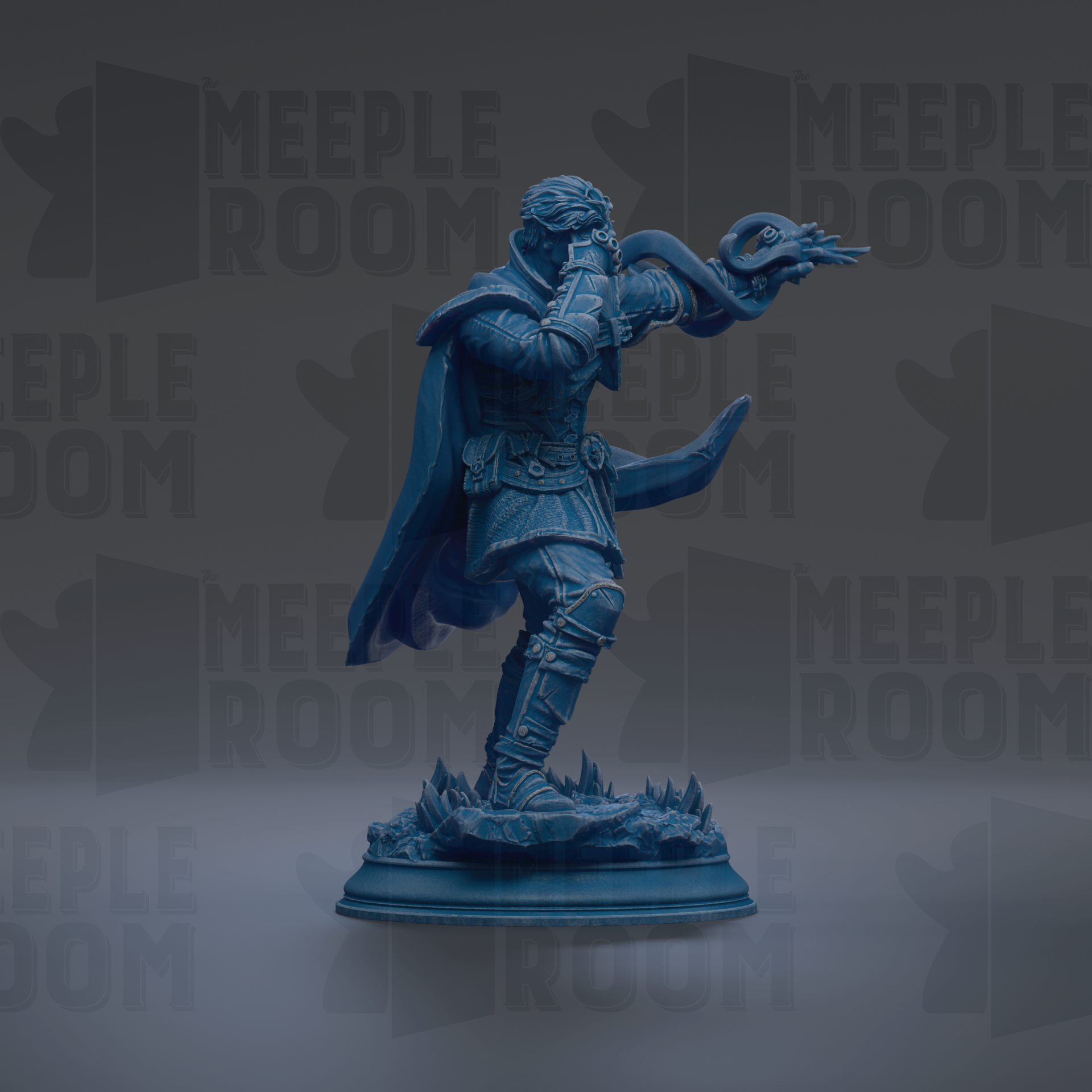 A blue statue of a figure holding a snake and a staff, standing on a pedestal.