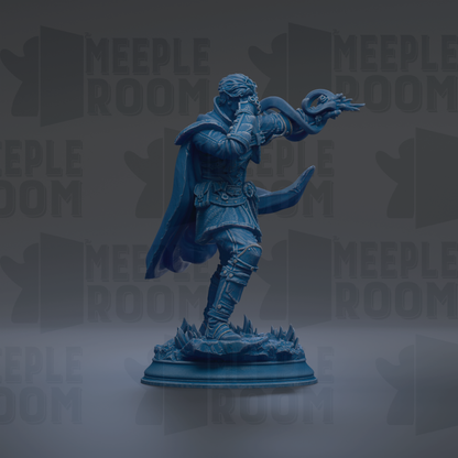 A blue statue of a figure holding a snake and a staff, standing on a pedestal.