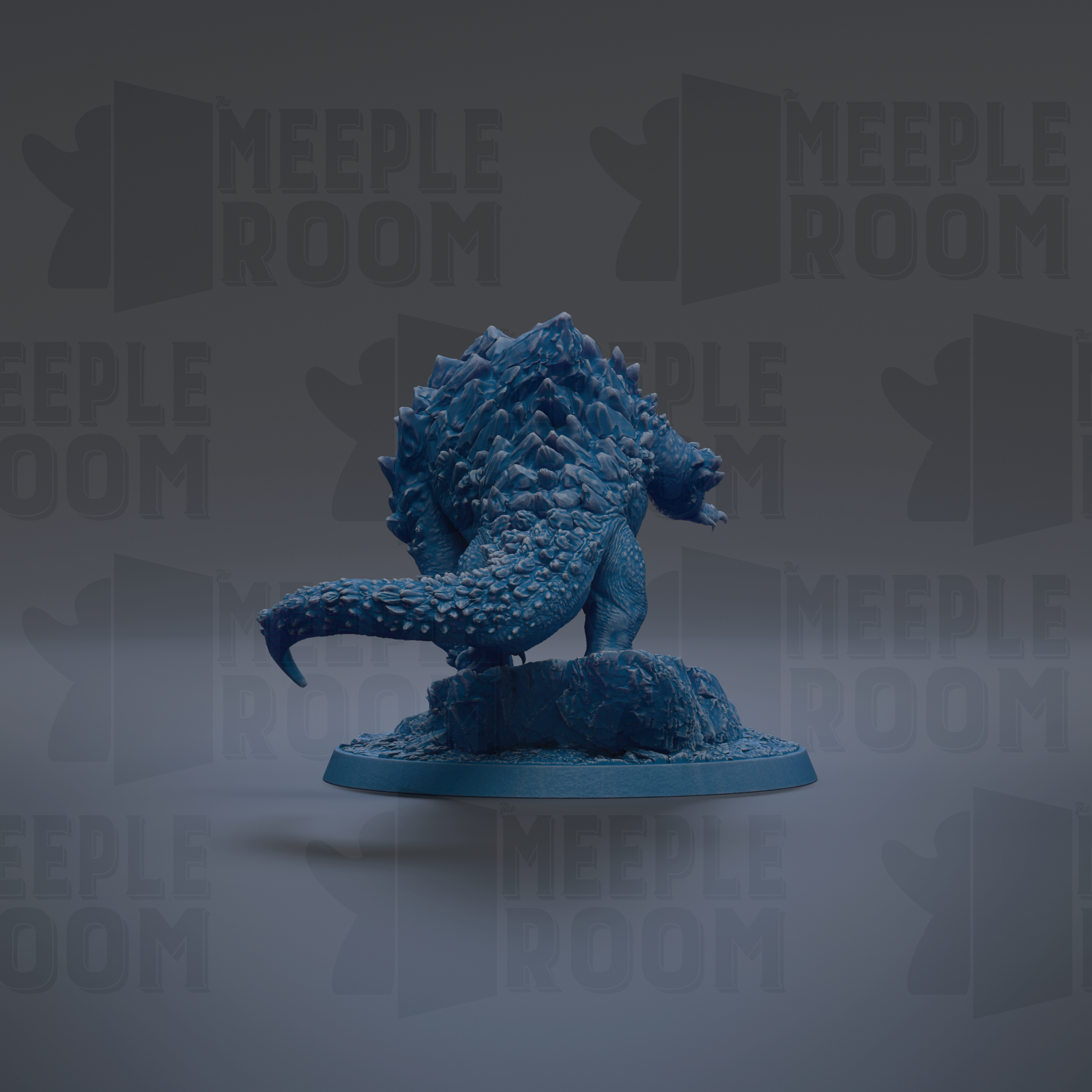 A blue, spiky-haired figurine is sitting on a rock against a dark background with repeated "MEUPLE ROOM" text.