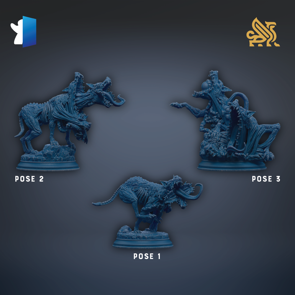 three figurines of fantastical creatures, each with a unique pose, arranged in a grid-like pattern against a dark background.