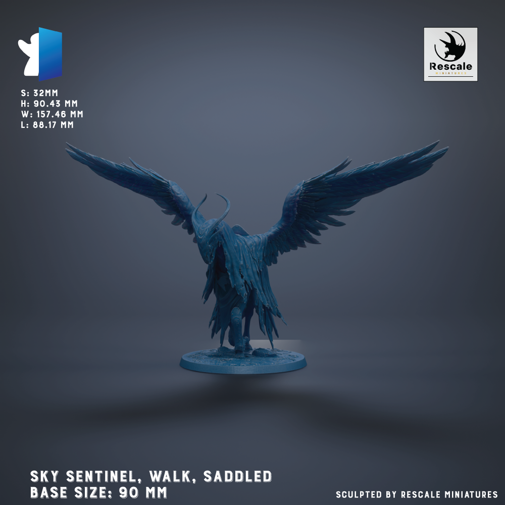 A 3D model of a blue bird-like creature with outstretched wings, standing on a base. The base sizes are 90 mm.