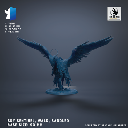 A 3D model of a blue bird-like creature with outstretched wings, standing on a base. The base sizes are 90 mm.