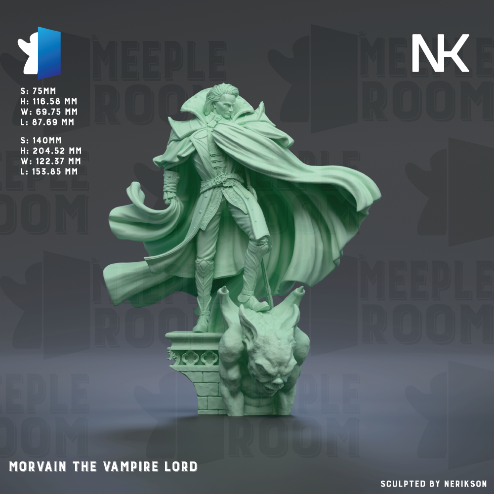 a statue of a vampire-like character, specifically Morain the Vampire Lord, standing on a pedestal with a gargoyle-like creature on top. The statue is green in color and appears to be made of a material that resembles stone or metal. The background of the image is dark, which contrasts with the statue and makes it stand out. The statue is the main focus of the image, and there are no other objects or text present.