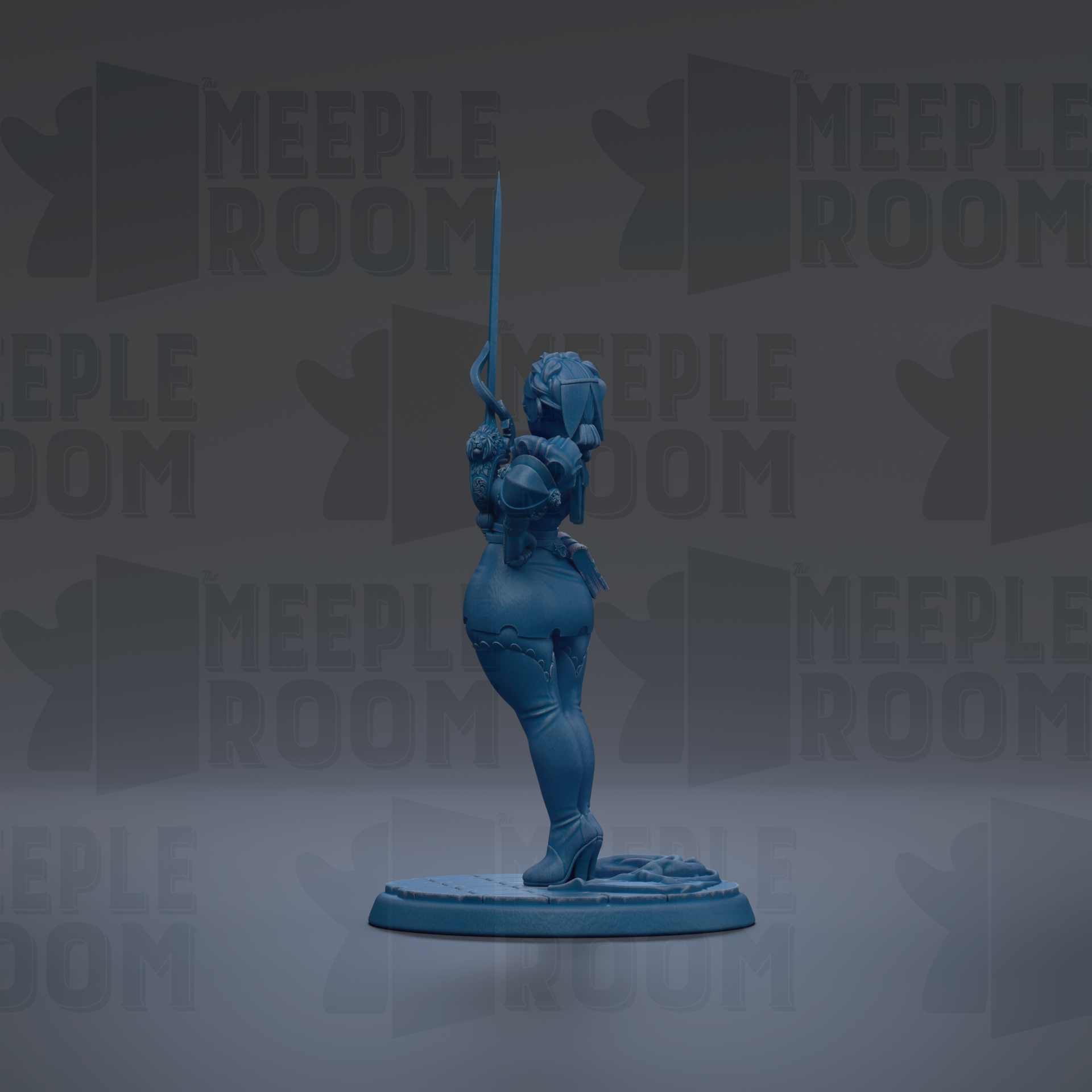 A blue figurine of a female character holding a sword stands on a base against a dark background with repeated "MEUPLE ROOM" text.