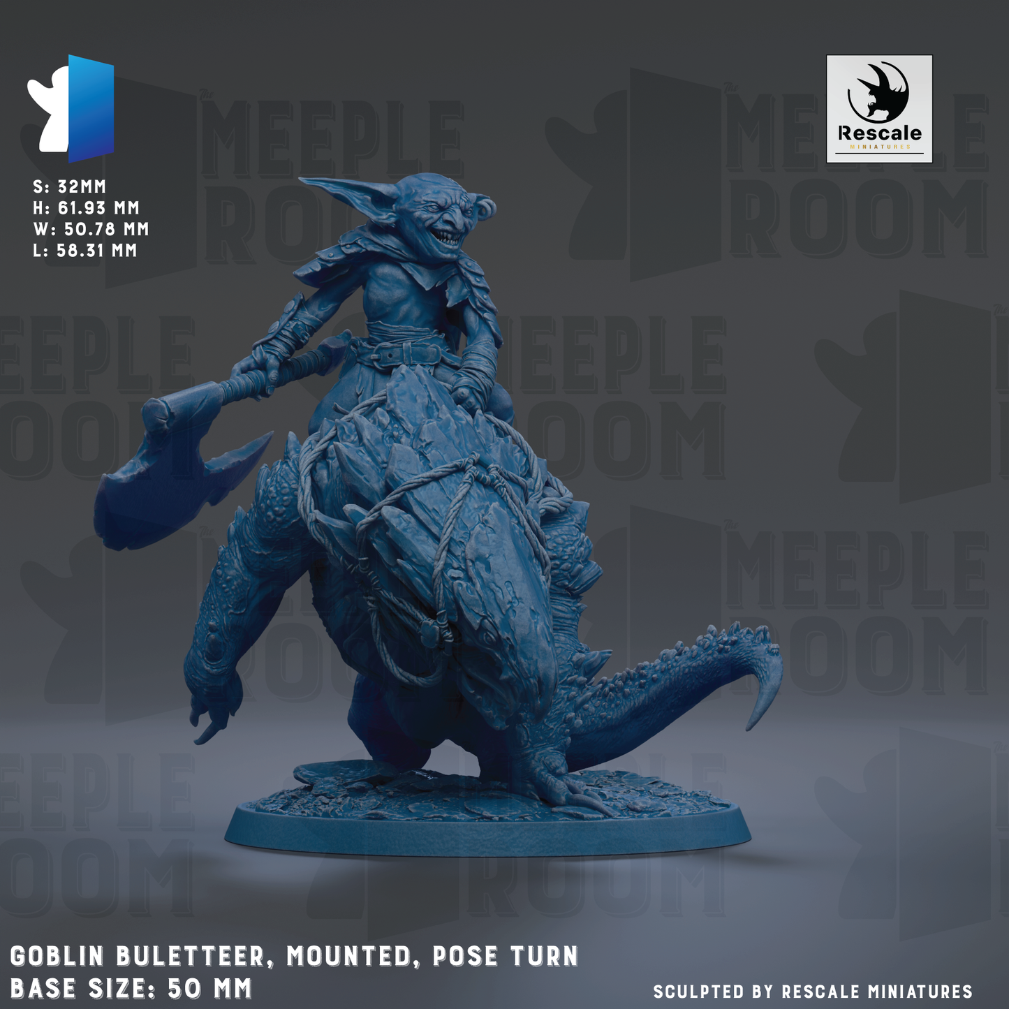 a detailed miniature of a blue-colored troll or gremlin, mounted on a large boulder and posed in a dynamic, action-packed pose. The troll is holding a large weapon, suggesting it may be a formidable opponent. The image is a part of a larger collection of miniatures, and the base sizes are 50mm. The image is a sculpture, and the resolution is high, allowing for a clear and detailed depiction of the troll and its surroundings.
