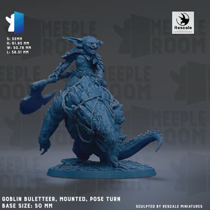 a detailed miniature of a blue-colored troll or gremlin, mounted on a large boulder and posed in a dynamic, action-packed pose. The troll is holding a large weapon, suggesting it may be a formidable opponent. The image is a part of a larger collection of miniatures, and the base sizes are 50mm. The image is a sculpture, and the resolution is high, allowing for a clear and detailed depiction of the troll and its surroundings.