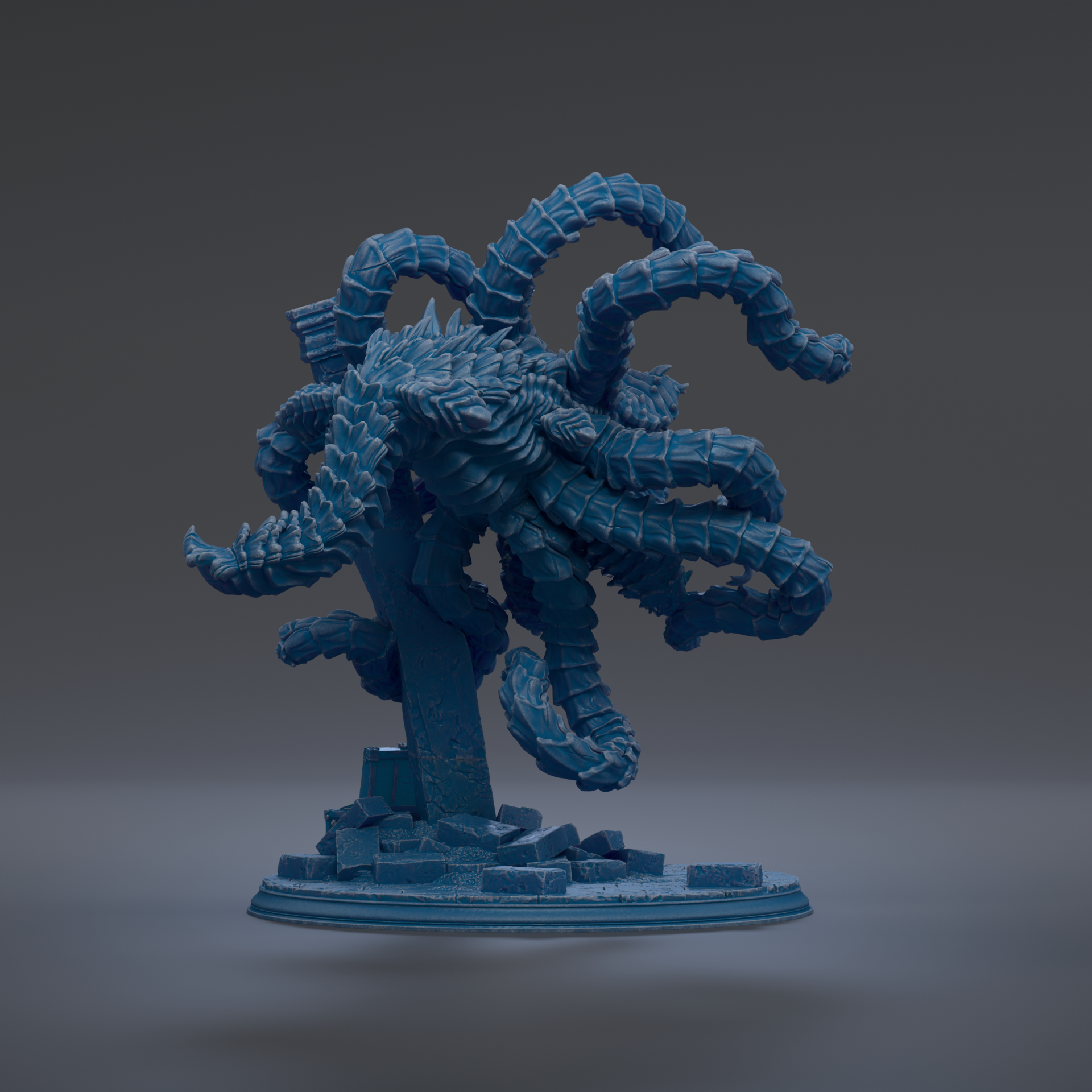 A 3D rendering of a blue, twisted, and coiled-up creature resembling a snake or serpent.