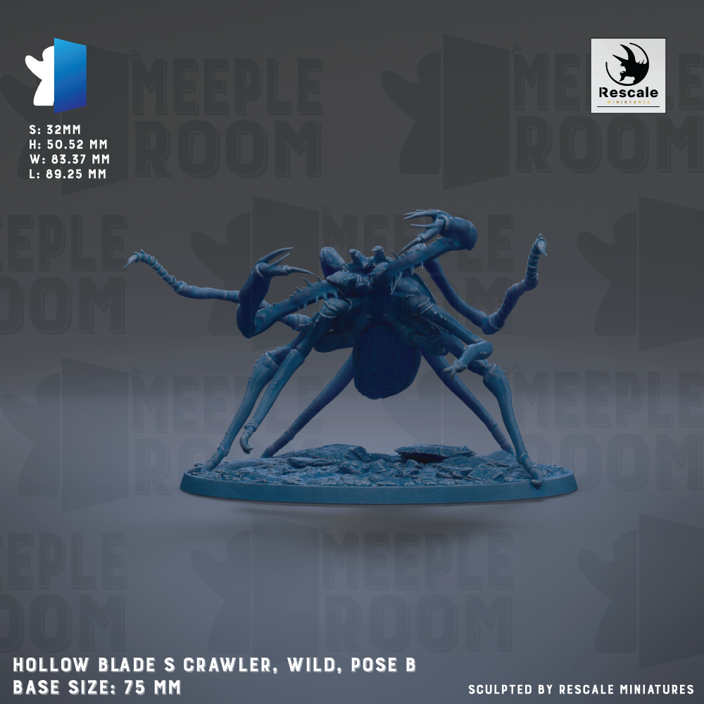a detailed model of a large, blue, crawling insect with multiple legs, positioned on a base. The insect appears to be a wild, poseable creature, possibly a type of spider or beetle. The image is described as a "Hole Blade S Crawler, Wild, Pose B" and is shown in a base size of 75 mm. The image is described as a "sculpted by Rescue" and is part of a "MEIPLE ROOM" collection.