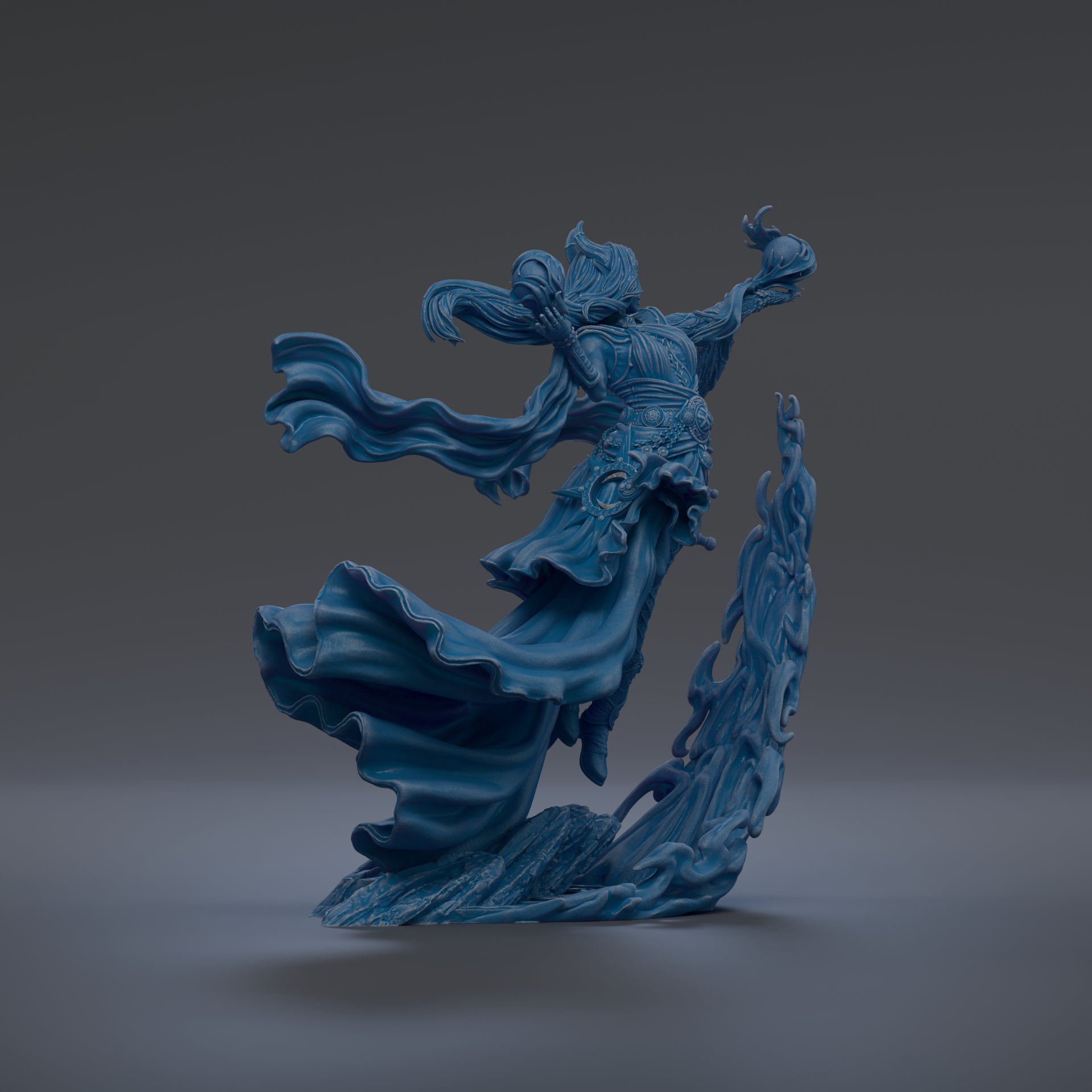 A 3D rendering of a blue, flowing figure with a long, flowing skirt and a flowing cape, standing on a rock formation against a dark background.