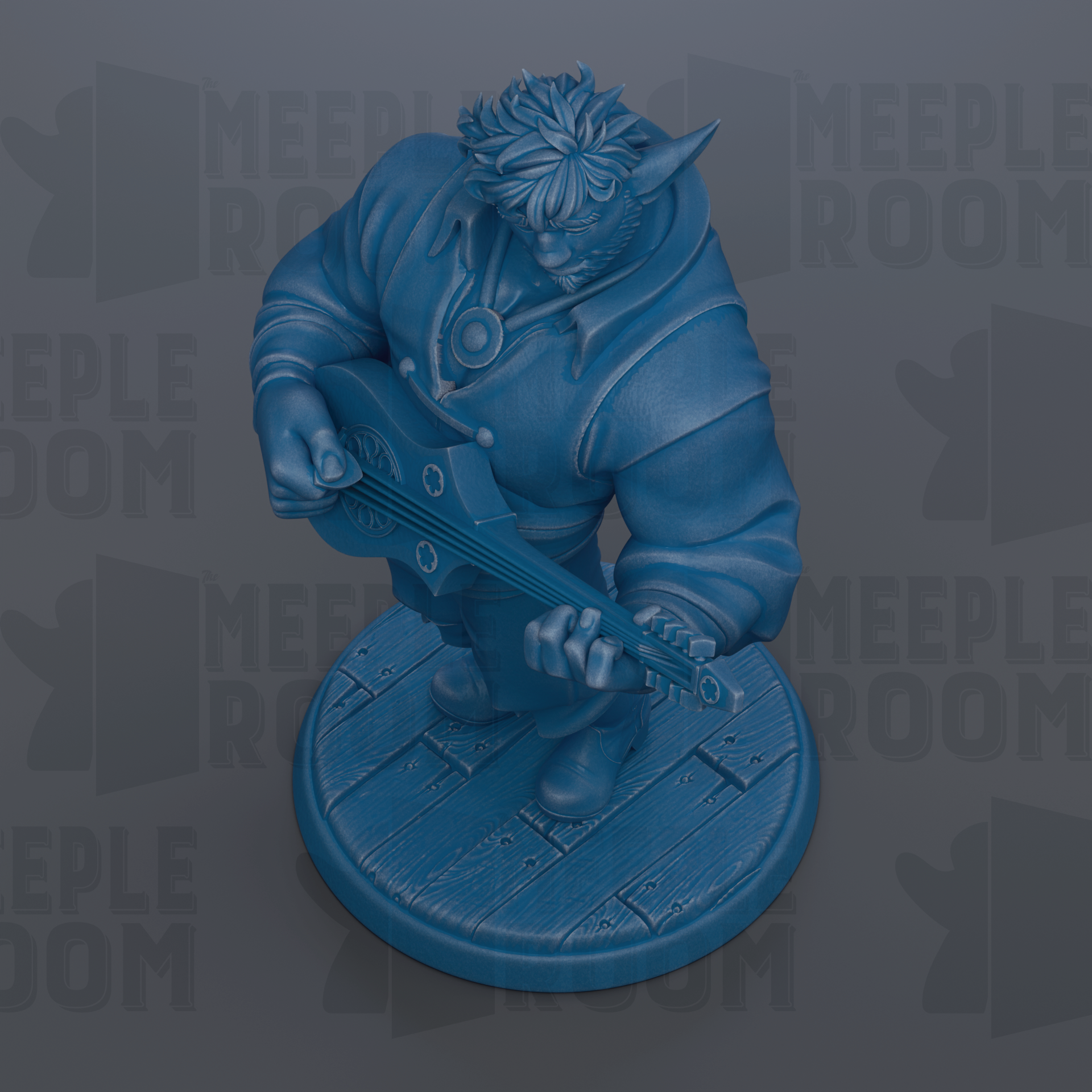 A blue figurine of a person playing a guitar.