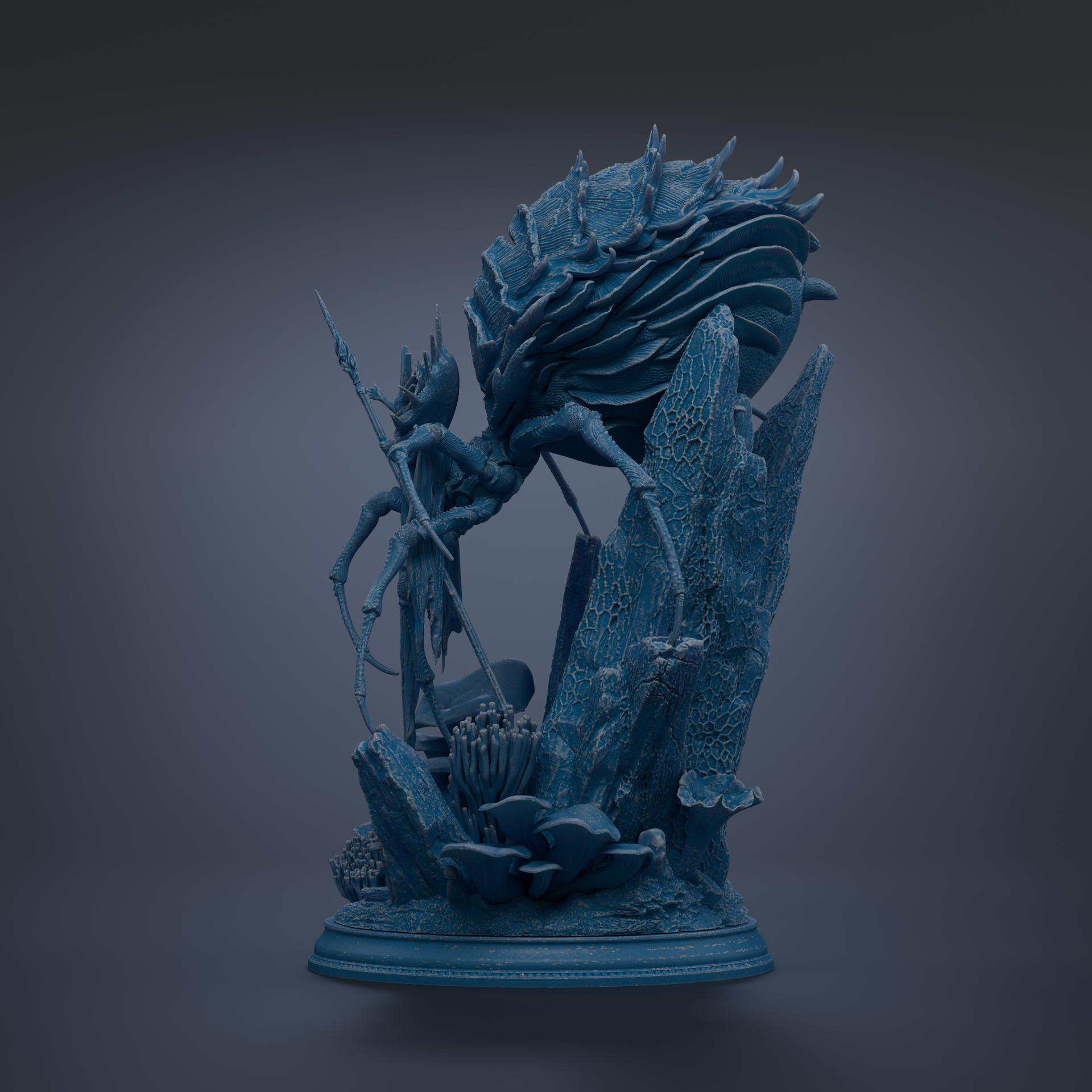 A 3D rendering of a fantastical creature, possibly a dragon or sea monster, with intricate details and textures. The creature is surrounded by various elements, such as rocks, plants, and other organic forms, creating a complex and visually striking scene.