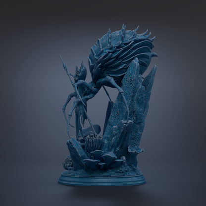 A 3D rendering of a fantastical creature, possibly a dragon or sea monster, with intricate details and textures. The creature is surrounded by various elements, such as rocks, plants, and other organic forms, creating a complex and visually striking scene.