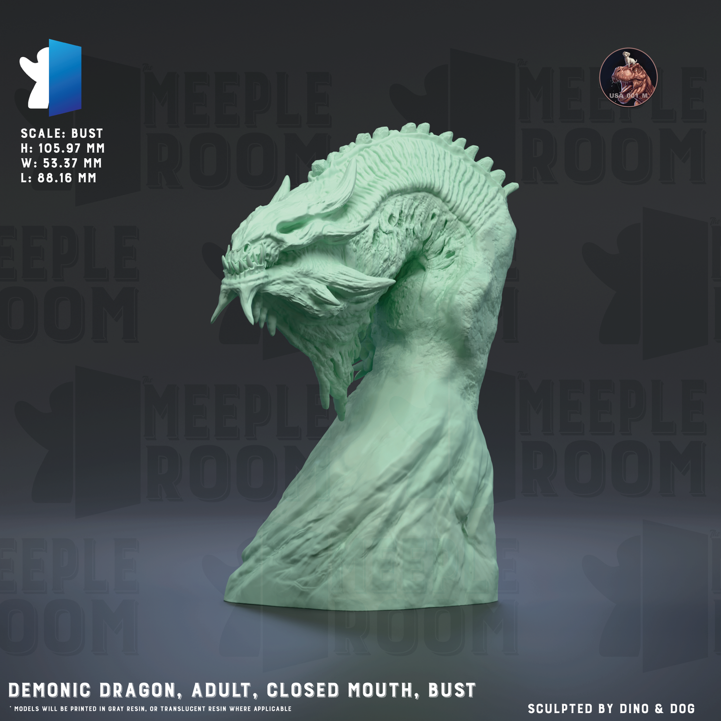 Demonic Dragon, Adult, Closed Mouth, Bust by Dino & Dog | Miniature | TTRPG | Unpainted | Print on Demand