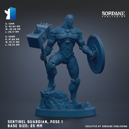 a blue armored figure holding a shield and a weapon, standing on a rock formation.