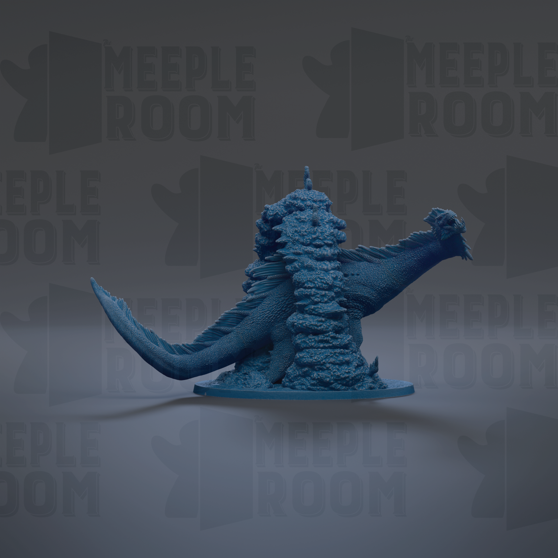 A blue, 3D-rendered dragon figurine is shown against a dark background with repeated text.