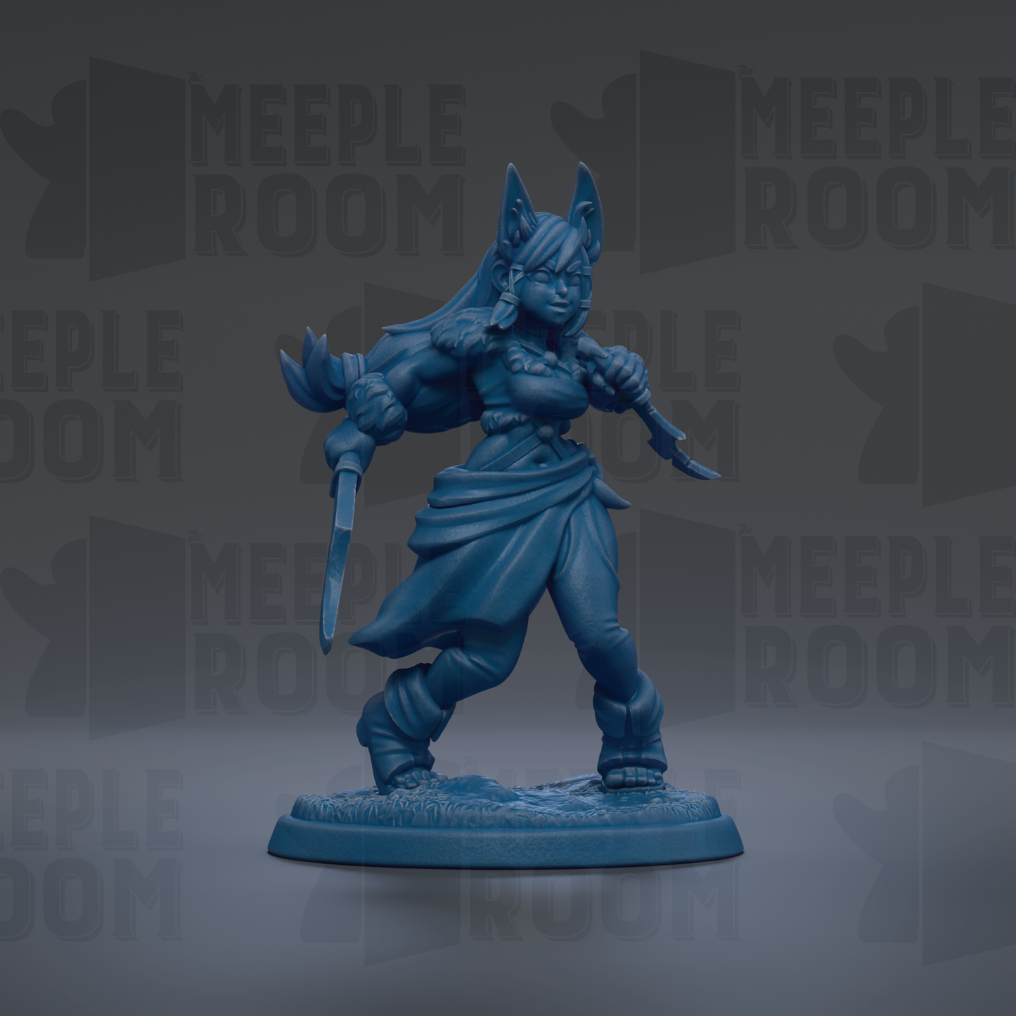 A blue figurine of a female character with long hair and a flowing skirt, holding a sword and shield, standing on a base.