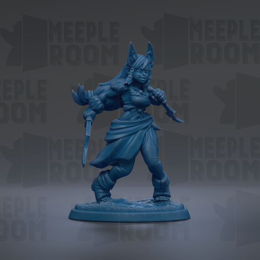 A blue figurine of a female character with long hair and a flowing skirt, holding a sword and shield, standing on a base.