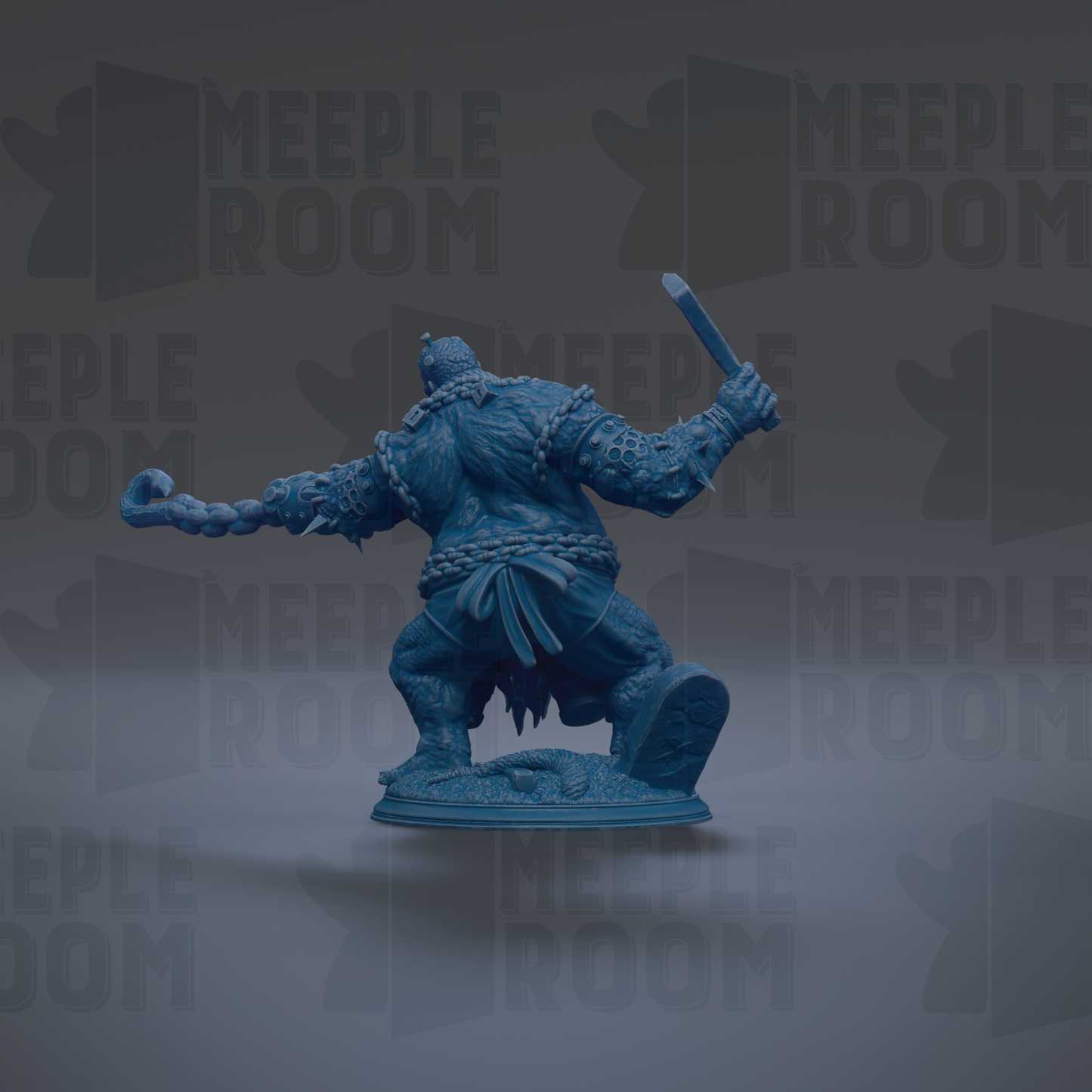 A blue figurine of a warrior-like character with a sword and shield, standing on a platform against a dark background with repeated text.