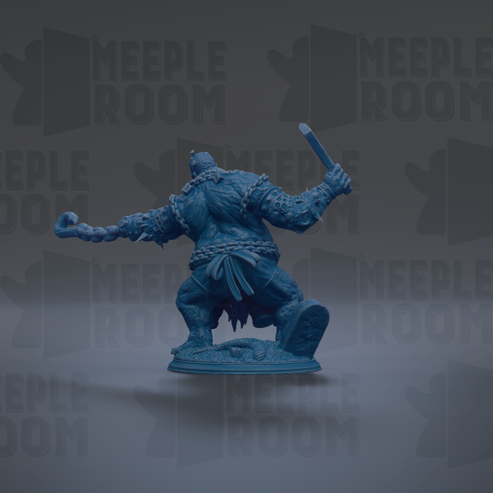 A blue figurine of a warrior-like character with a sword and shield, standing on a platform against a dark background with repeated text.