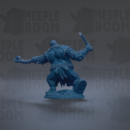 A blue figurine of a warrior-like character with a sword and shield, standing on a platform against a dark background with repeated text.