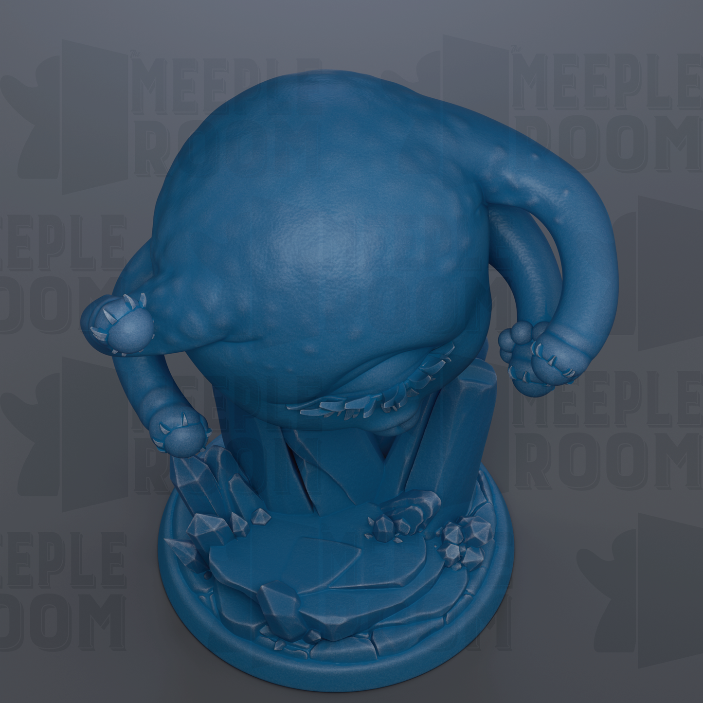 A blue, abstract, and textured figurine or sculpture with a large, round head and a smaller, round body.