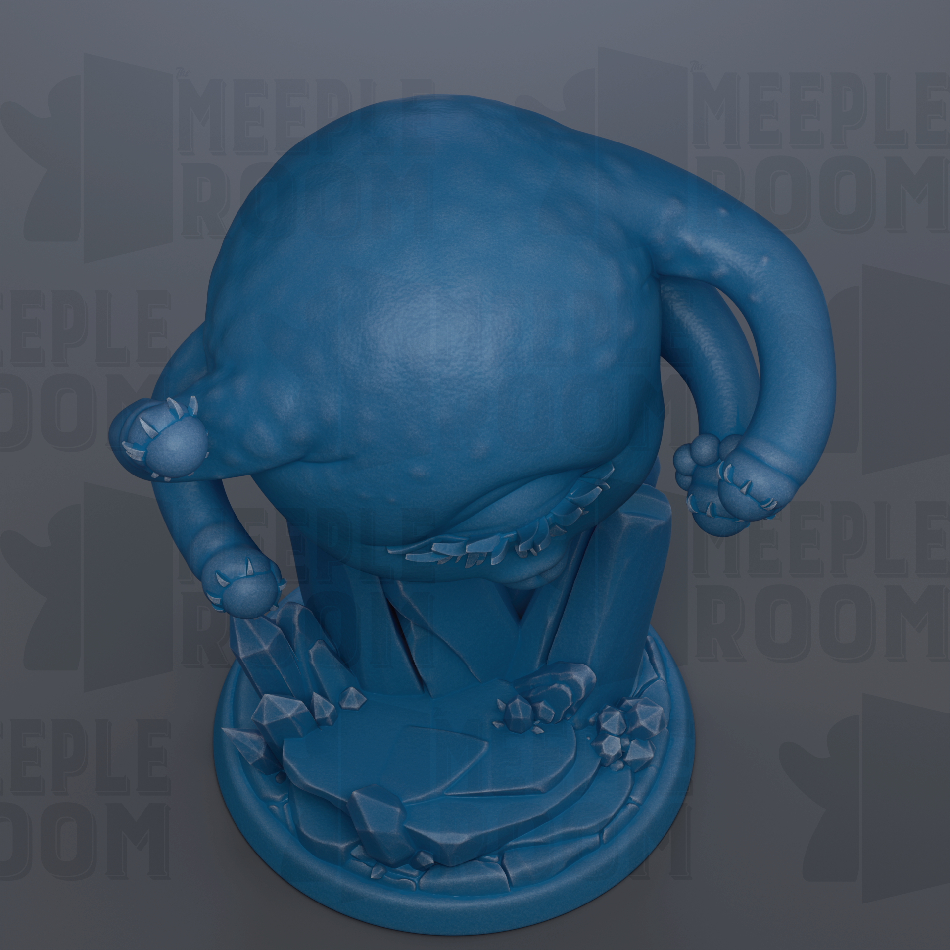 A blue, abstract, and textured figurine or sculpture with a large, round head and a smaller, round body.