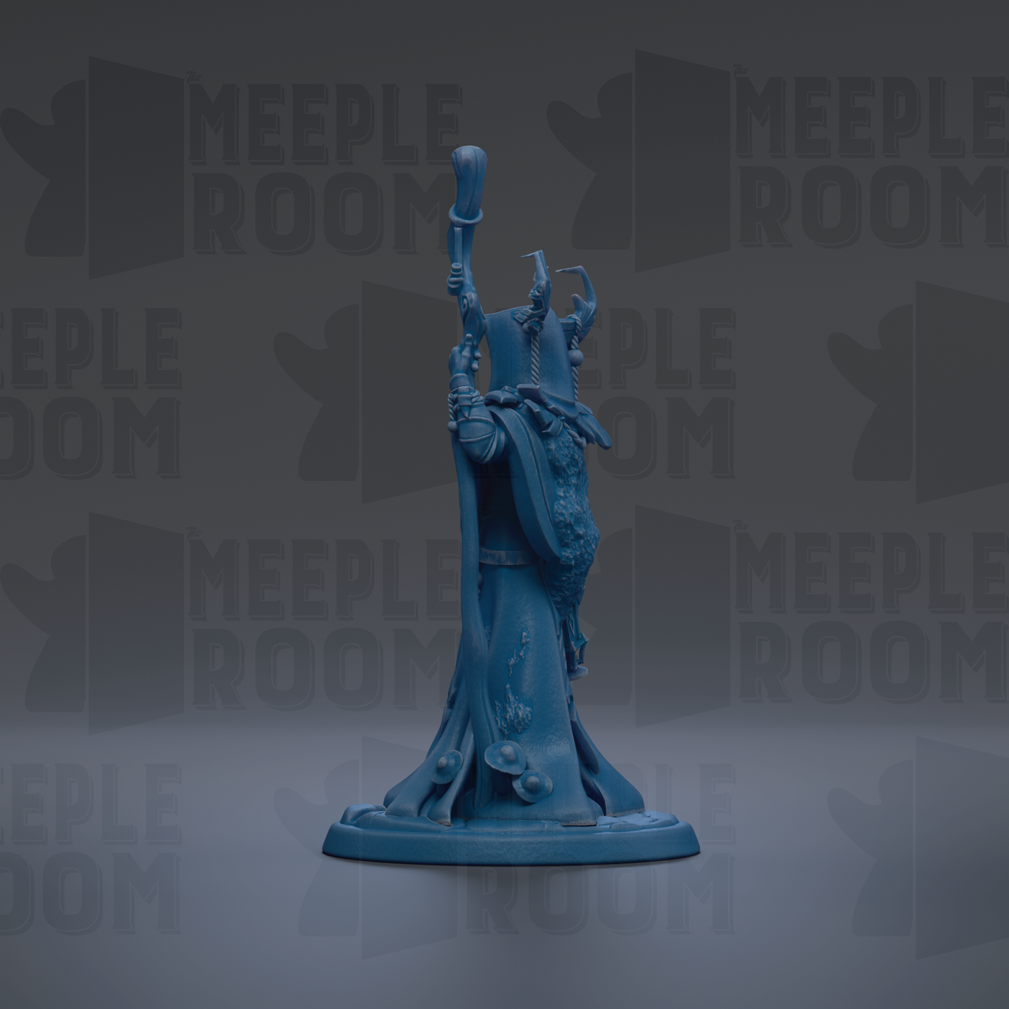 A blue figurine of a figure holding a staff and a staff-like object, standing on a base.