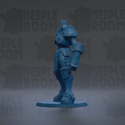 A blue armored figure stands on a platform against a dark background with repeated text.