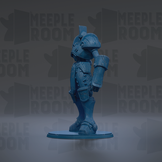 A blue armored figure stands on a platform against a dark background with repeated text.