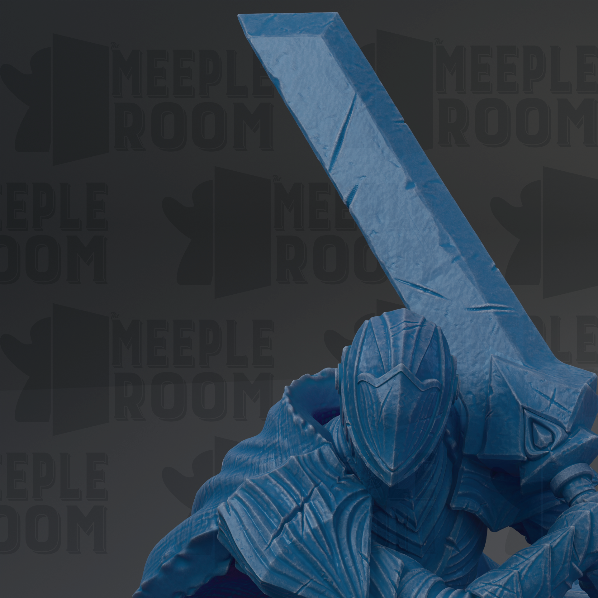 A blue, metallic armor figure with a sword in its hand, set against a dark background with repeated text.