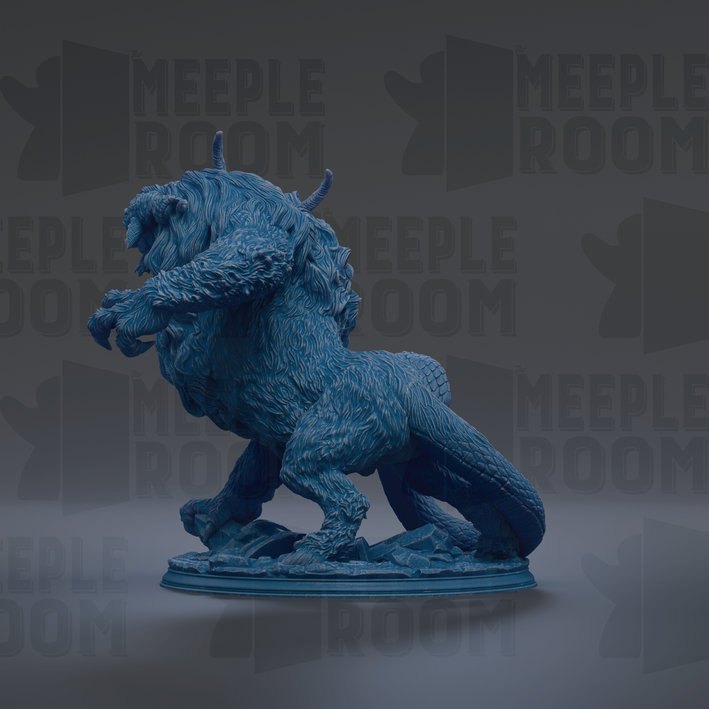 A blue, 3D-rendered statue of a fantastical creature with horns and a long tail, standing on a pedestal against a dark background with repeated text.