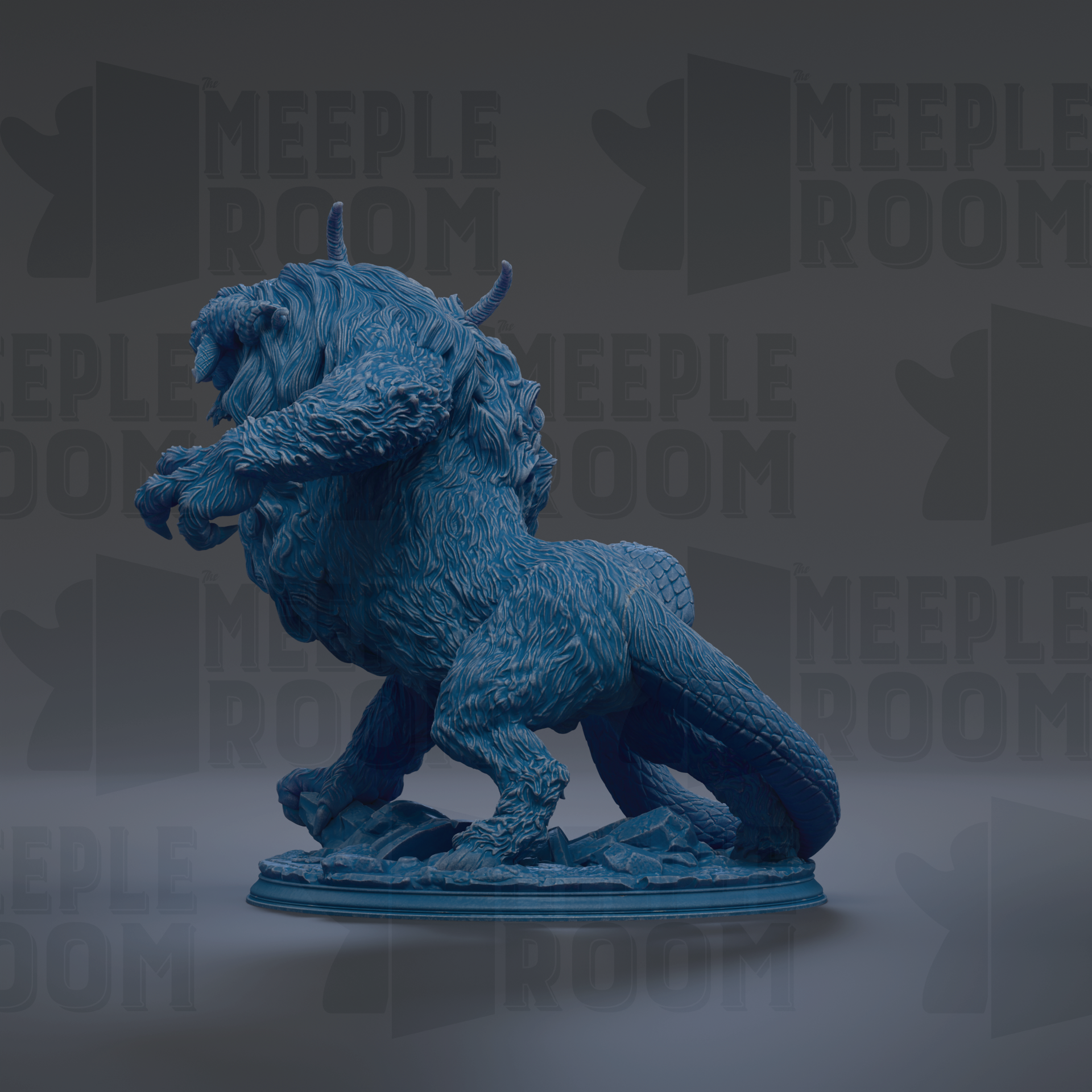 A blue, 3D-rendered statue of a fantastical creature with horns and a long tail, standing on a pedestal against a dark background with repeated text.