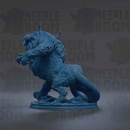 A blue, 3D-rendered statue of a fantastical creature with horns and a long tail, standing on a pedestal against a dark background with repeated text.