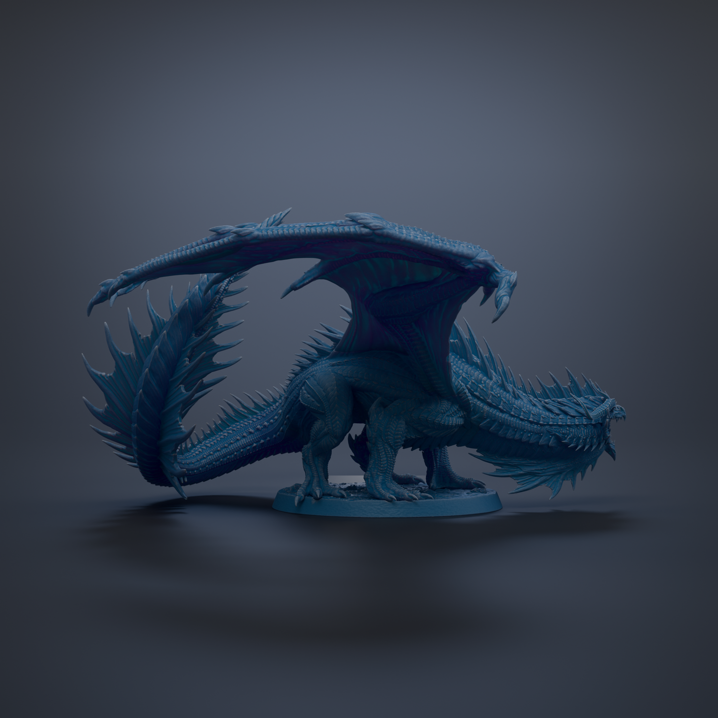 A 3D rendering of a blue dragon-like creature with sharp teeth and claws, standing on a base and facing to the right.