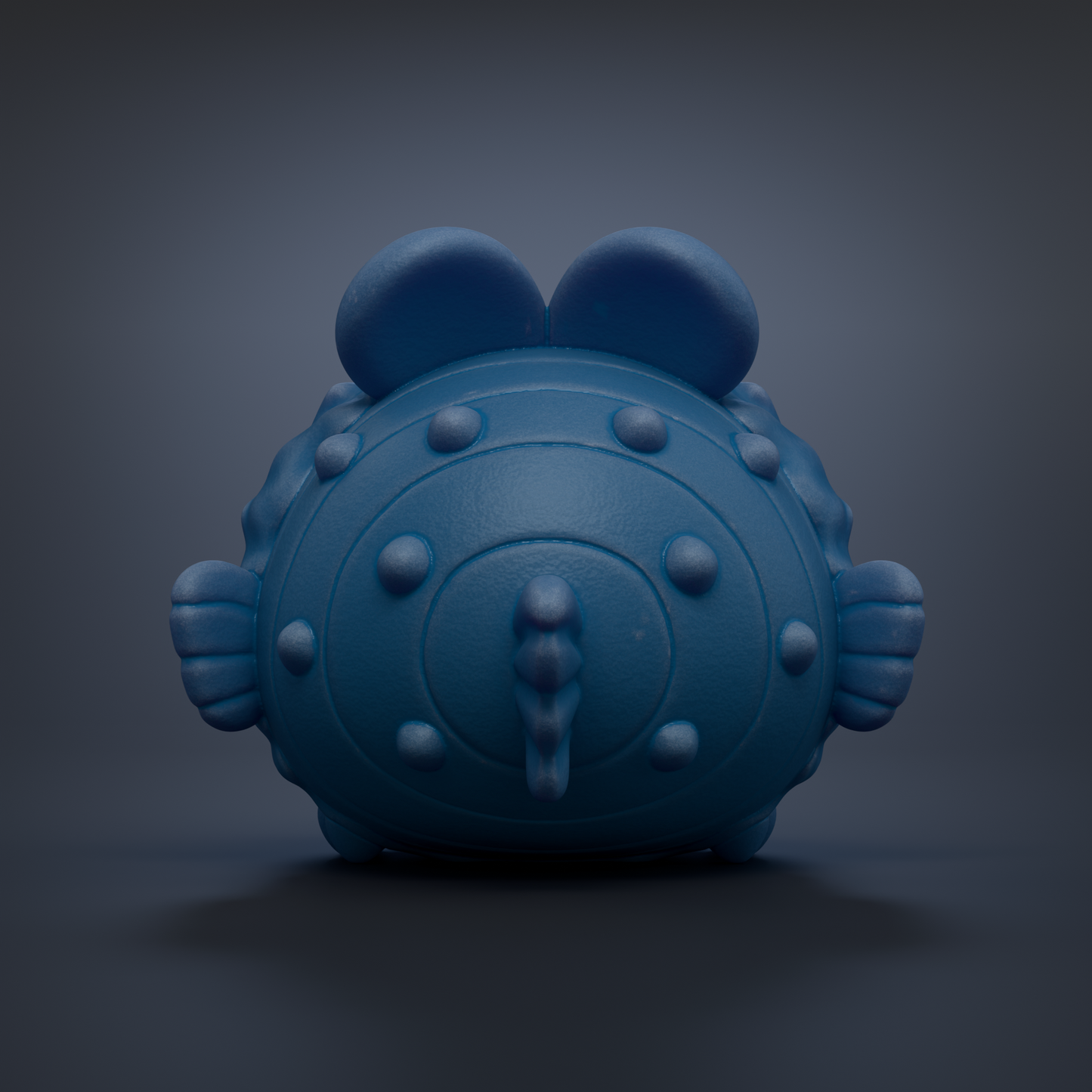 A blue, spherical toy with a textured surface and small circular decorations on it.