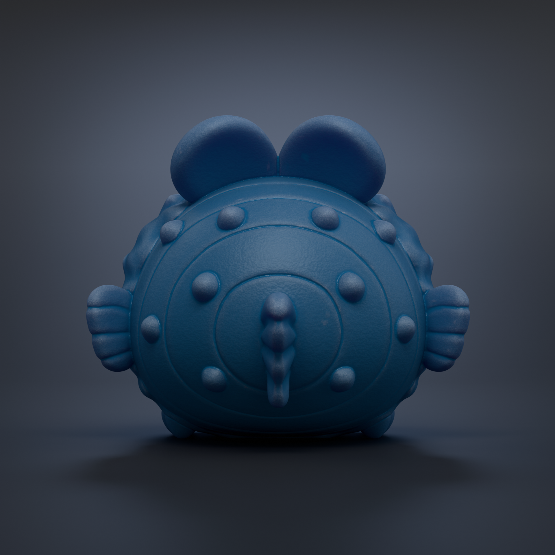 A blue, spherical toy with a textured surface and small circular decorations on it.