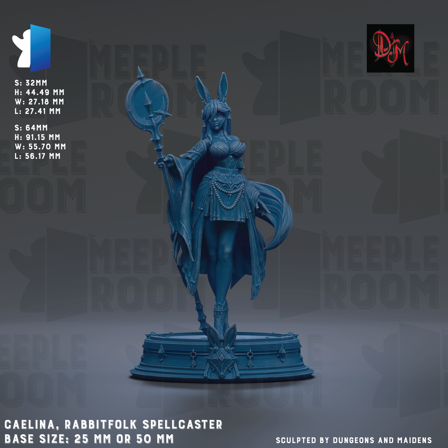 The image is a 3D rendering of a female character, specifically a rabbit folk spellcaster, with a blue color scheme. The character is standing on a pedestal and holding a staff. The image is labeled with the name "Caelina, rabbit folk spellcaster" and the base sizes are described as 25mm or 50mm. The image is described as a "collage of multiple images" and "sculpted by Dungeons and Maidens".