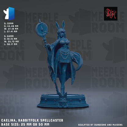 The image is a 3D rendering of a female character, specifically a rabbit folk spellcaster, with a blue color scheme. The character is standing on a pedestal and holding a staff. The image is labeled with the name "Caelina, rabbit folk spellcaster" and the base sizes are described as 25mm or 50mm. The image is described as a "collage of multiple images" and "sculpted by Dungeons and Maidens".