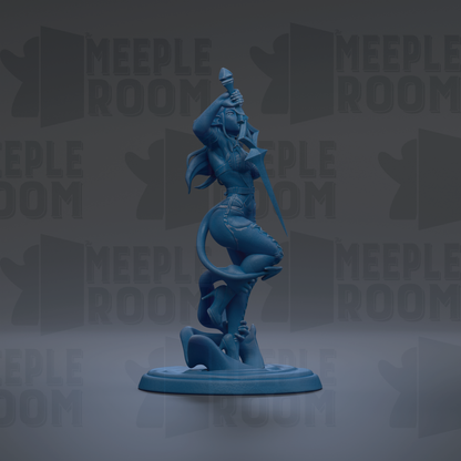 A blue figurine of a woman holding a sword stands on a base against a dark background with repeated "MEIPLLE ROOM" text.