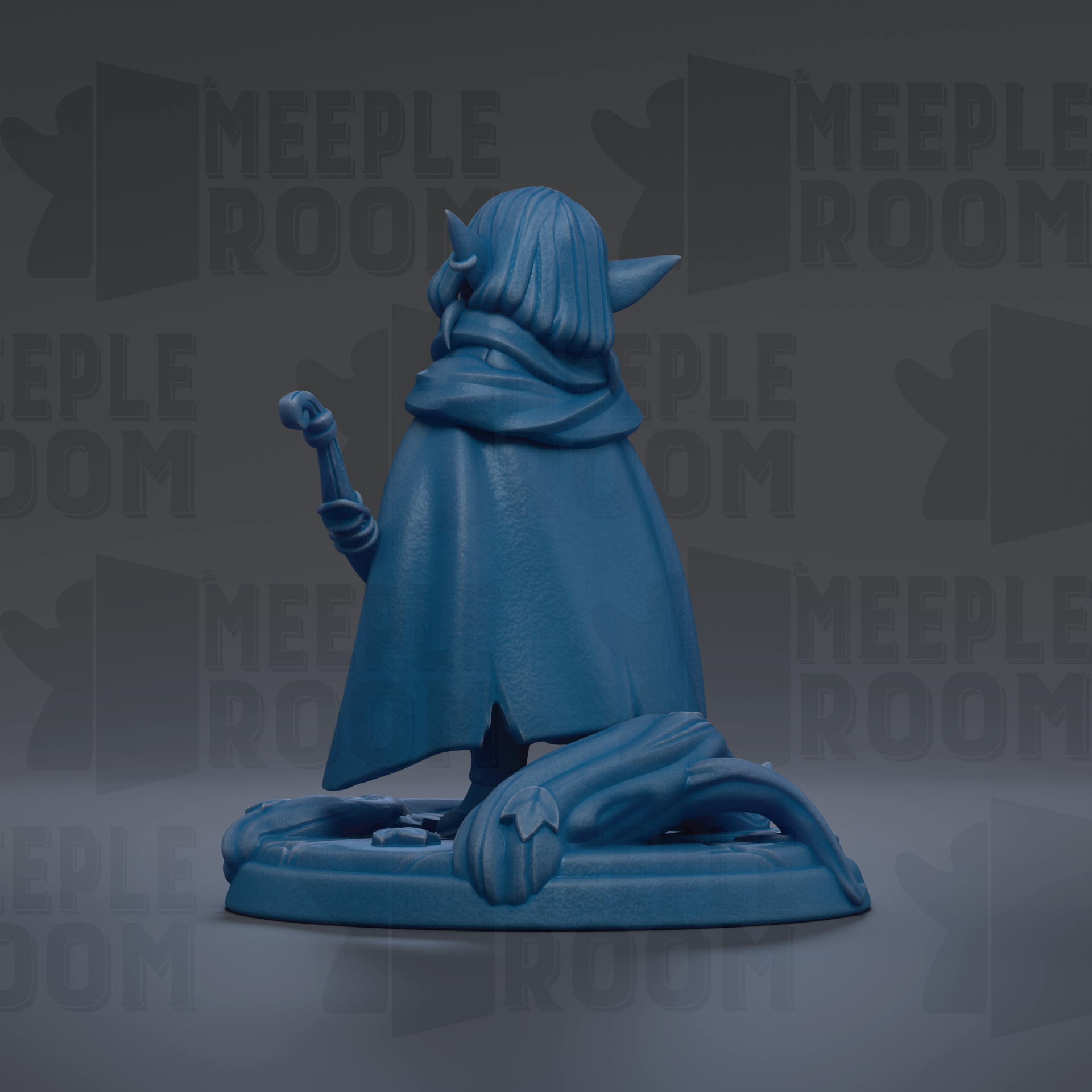 A blue figurine of a character with long hair and a cape, standing on a base with a leaf-like design, against a dark background with repeated text.