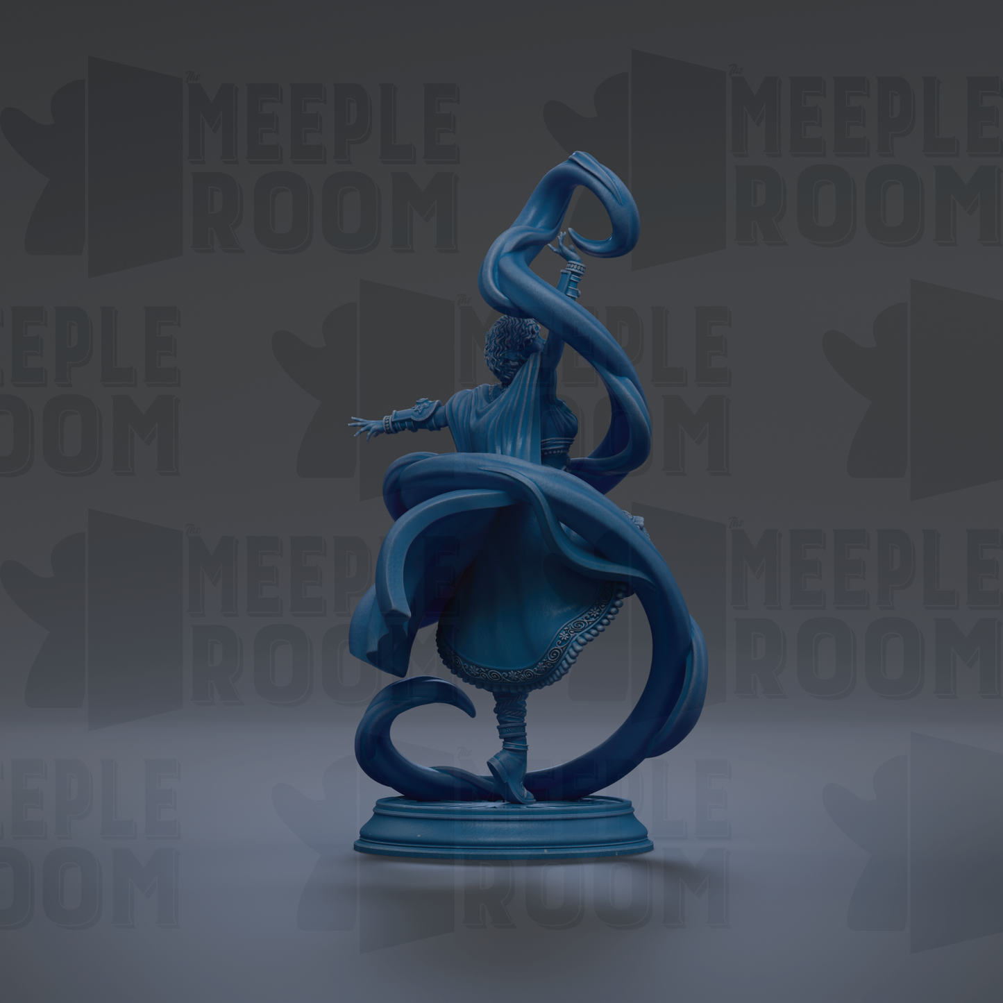 A blue statue of a figure with flowing robes and a long, flowing cape stands on a pedestal against a dark background with repeated text.