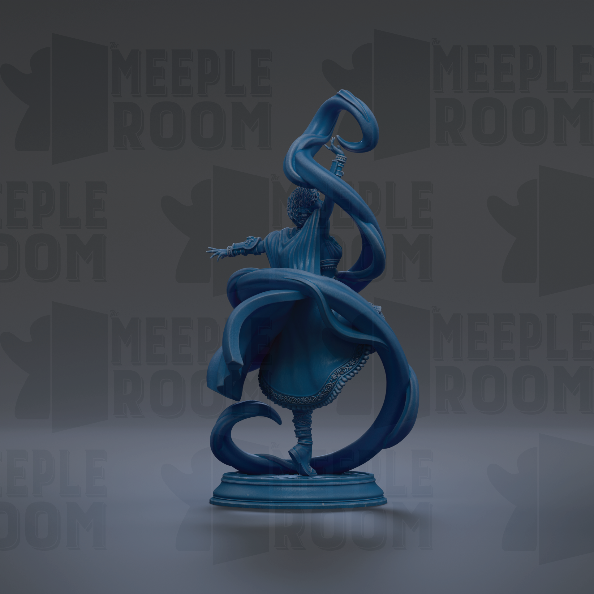 A blue statue of a figure with flowing robes and a long, flowing cape stands on a pedestal against a dark background with repeated text.