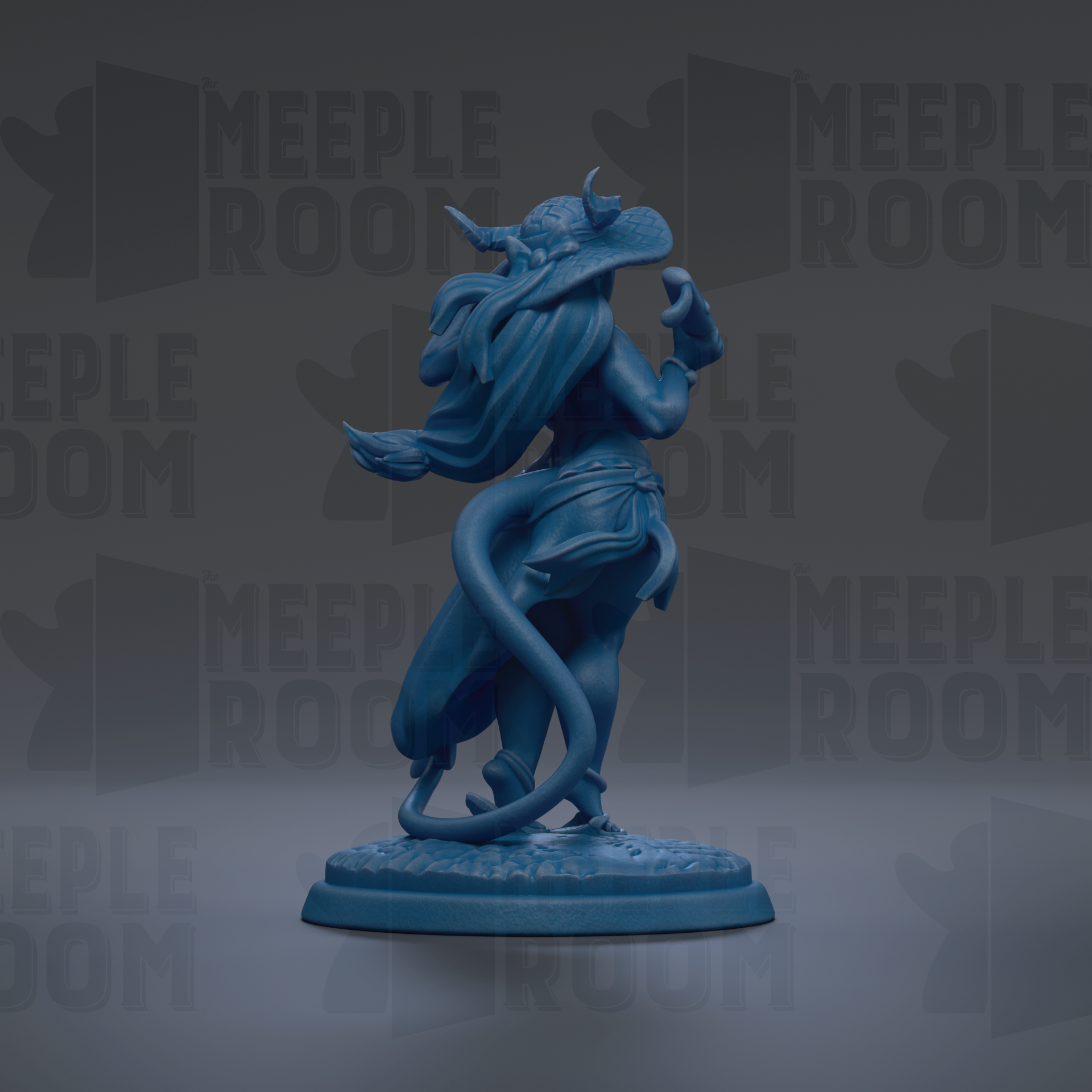 A blue figurine of a woman with horns and a flowing skirt, standing on a base and facing away from the camera.