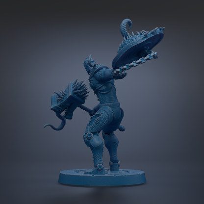 A 3D rendering of a warrior figure in a fighting stance, holding a large weapon and a shield.