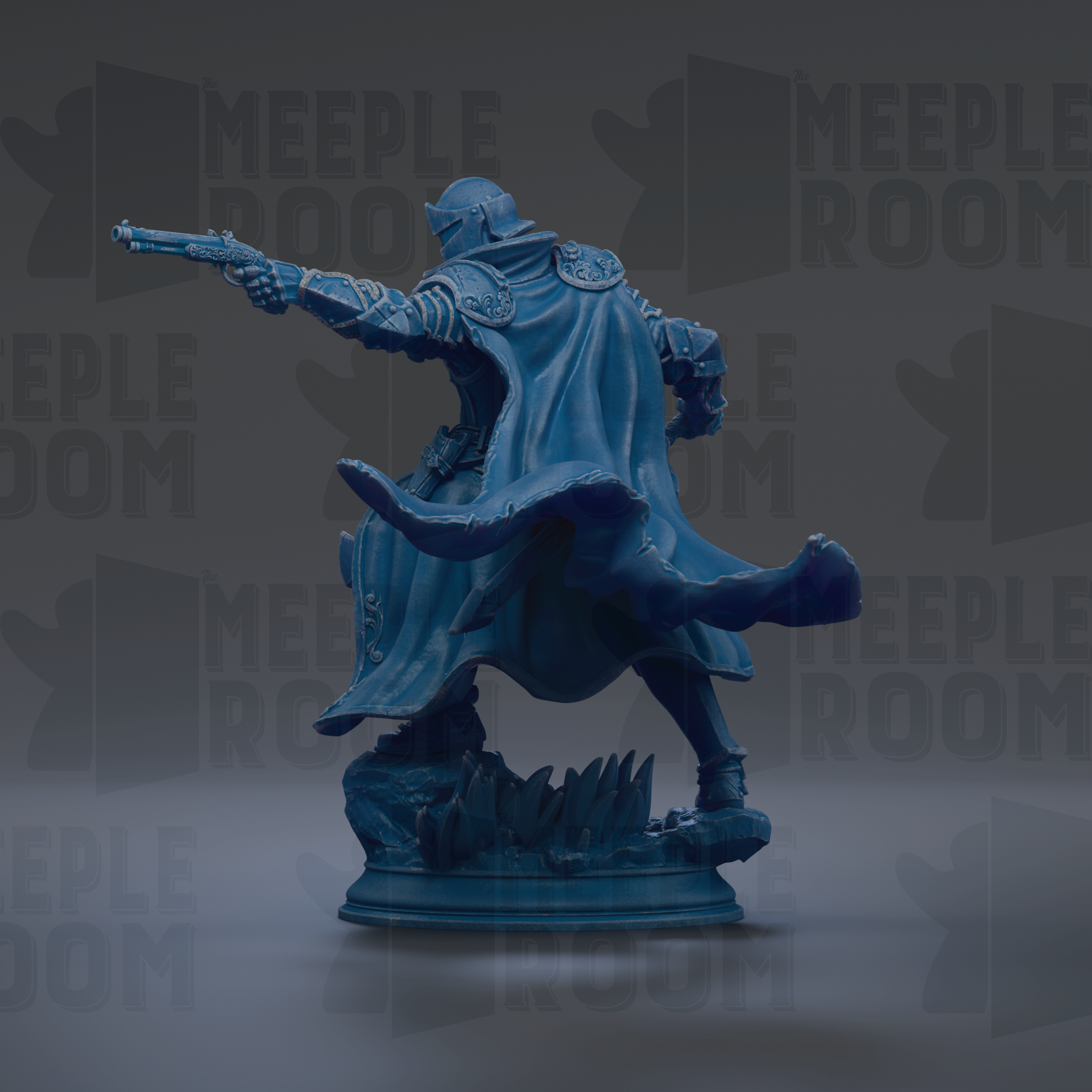 A blue statue of a person in a fighting stance, holding a weapon and wearing a cape.
