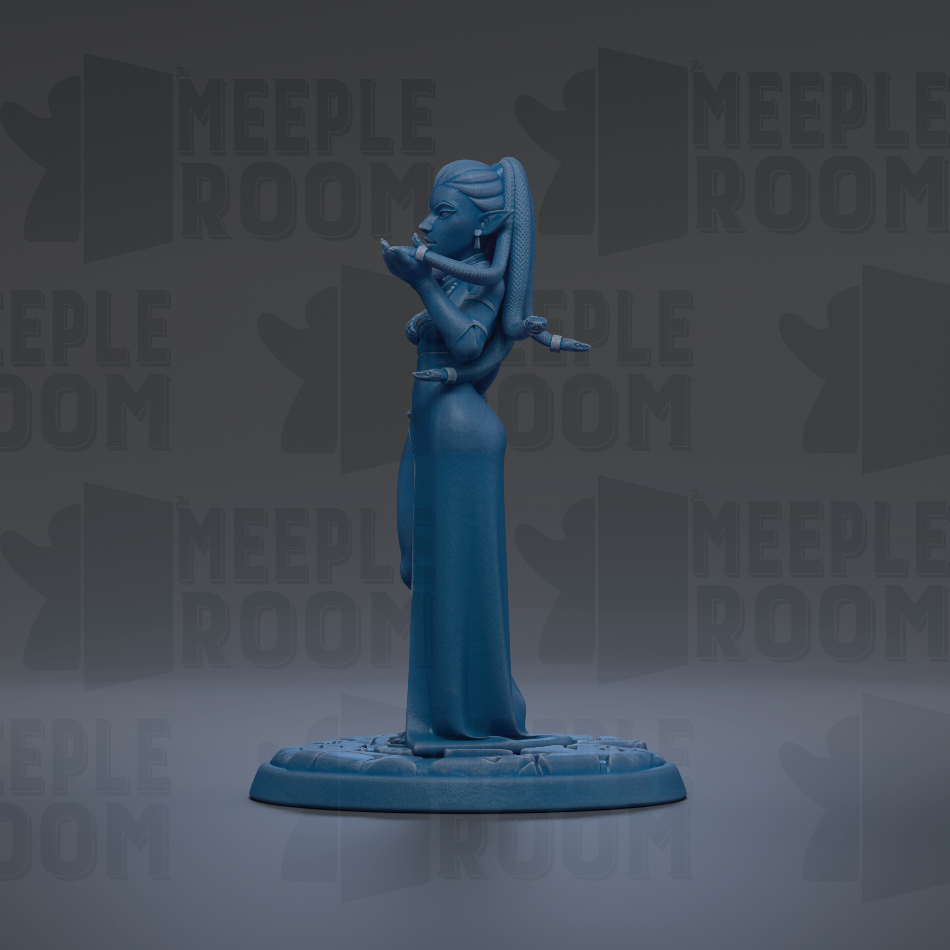 A blue figurine of a woman with a long, flowing dress stands on a base against a dark background with repeated "MEUPLE ROOM" text.