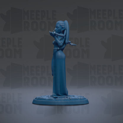 A blue figurine of a woman with a long, flowing dress stands on a base against a dark background with repeated "MEUPLE ROOM" text.