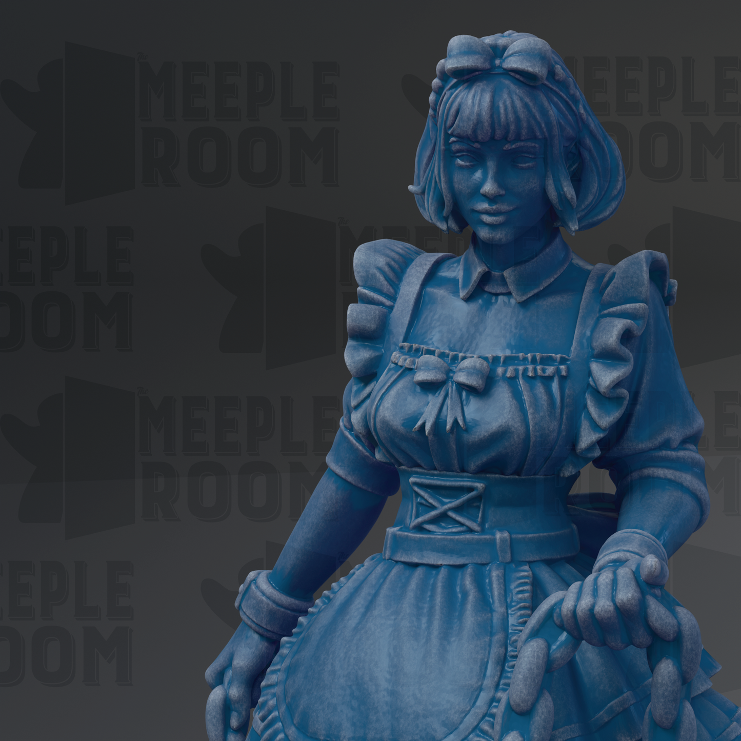 A statue of a woman dressed in a blue dress with a bow, standing against a dark background with repeated text.